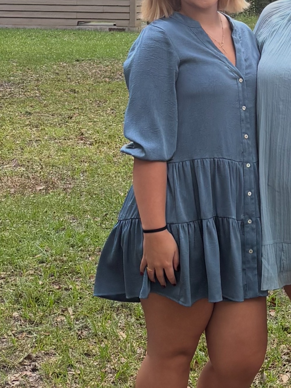 Blue Tiered Button-Front Women's Dress